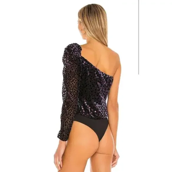 Revolve ASTR Isolde One Shoulder Bodysuit Top Velvet Dot Ruffle Sz S Party Event - Picture 3 of 11